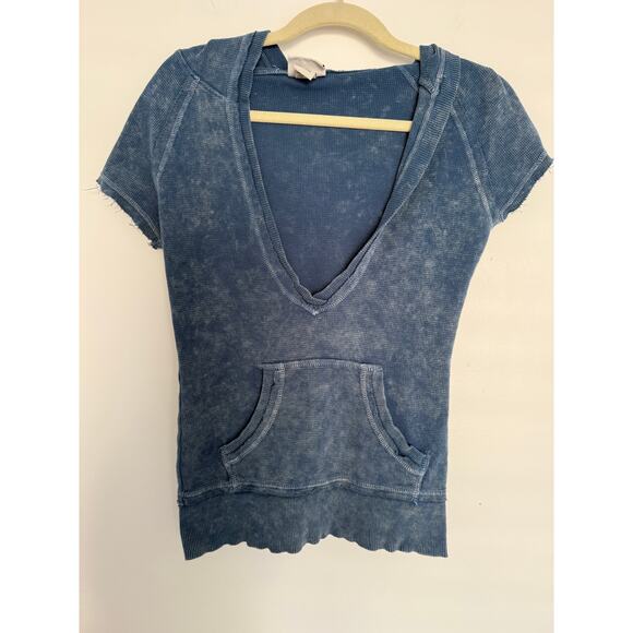 Vintage Y2K 2000 Women Medium Pullover Deep V Neck Hoodie Kangaroo Pockets Blue - Picture 1 of 8